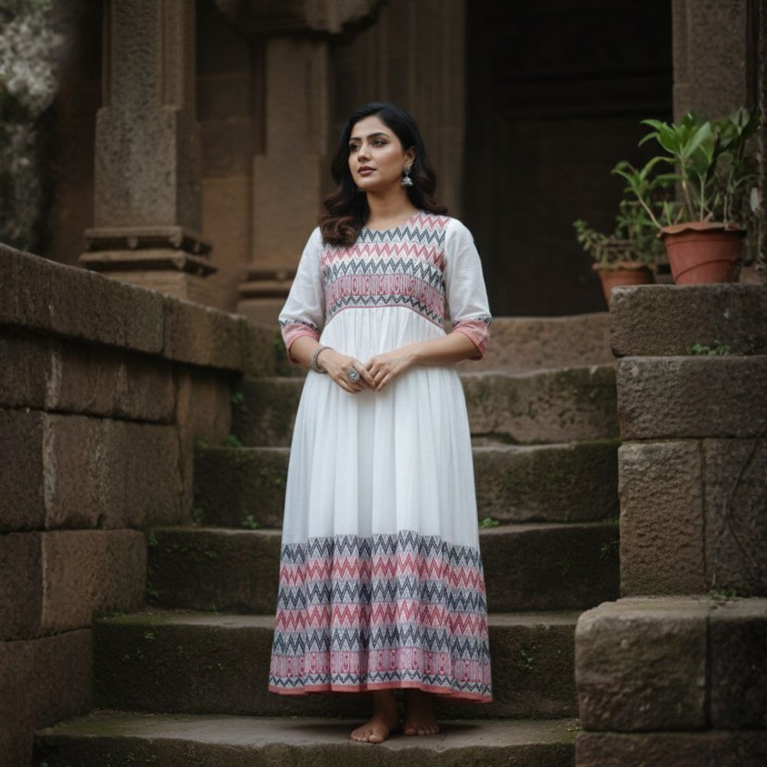 White Begumpuri Long A-line Dress - Image 2