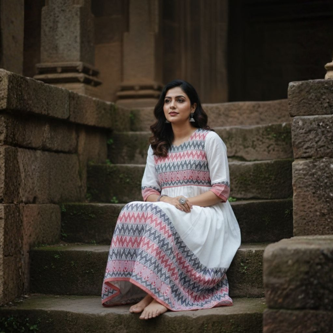 White Begumpuri Long A-line Dress