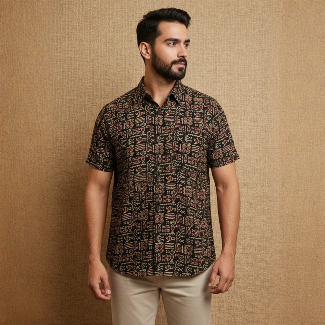 Handblock Fish Motif Men's Shirt - Image 5