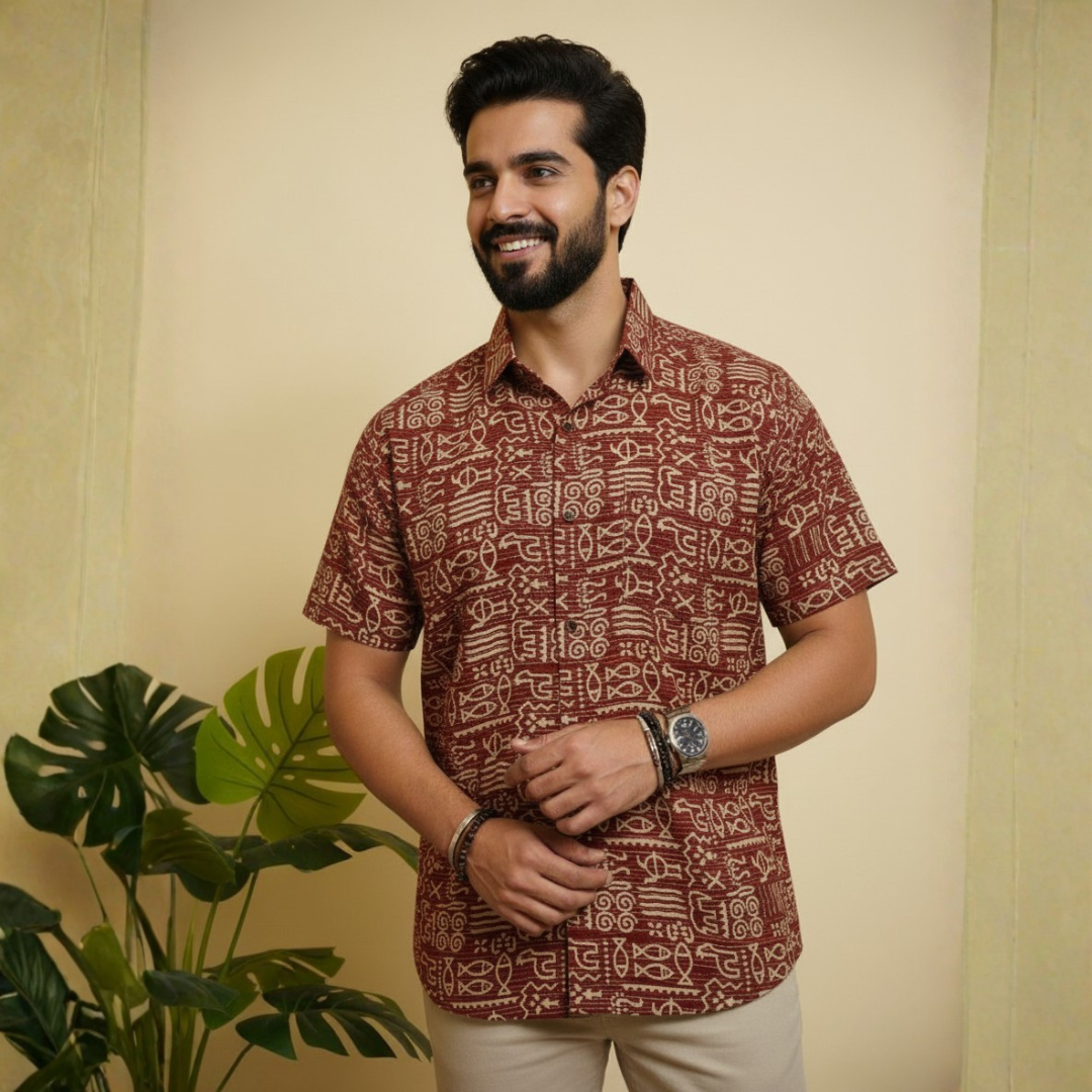 Handblock Fish Motif Men's Shirt