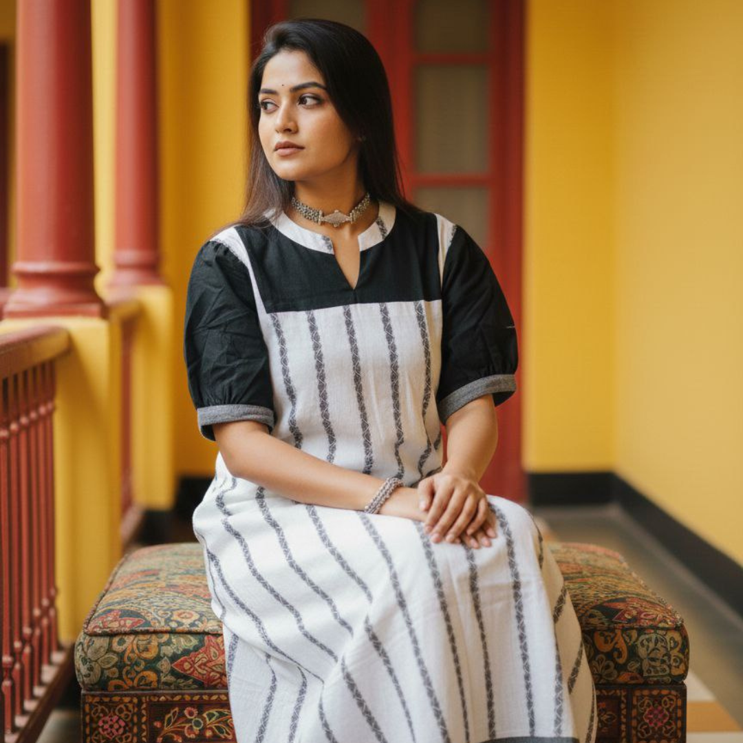 Dhonekhali Pure Cotton Black & White Dress