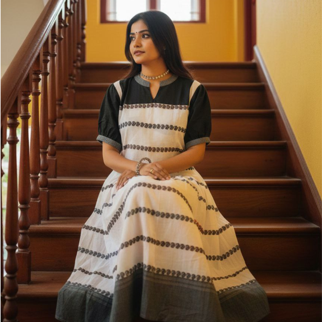 Dhonekhali Pure Cotton Black & White Dress - Image 2