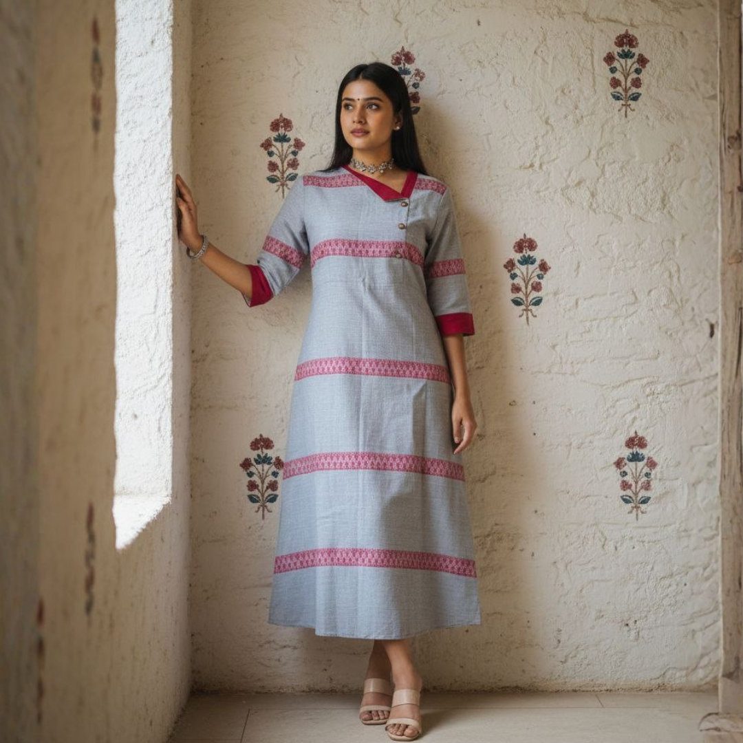 Dhonekhali Grey & Maroon Handwoven Cotton Dress - Image 2