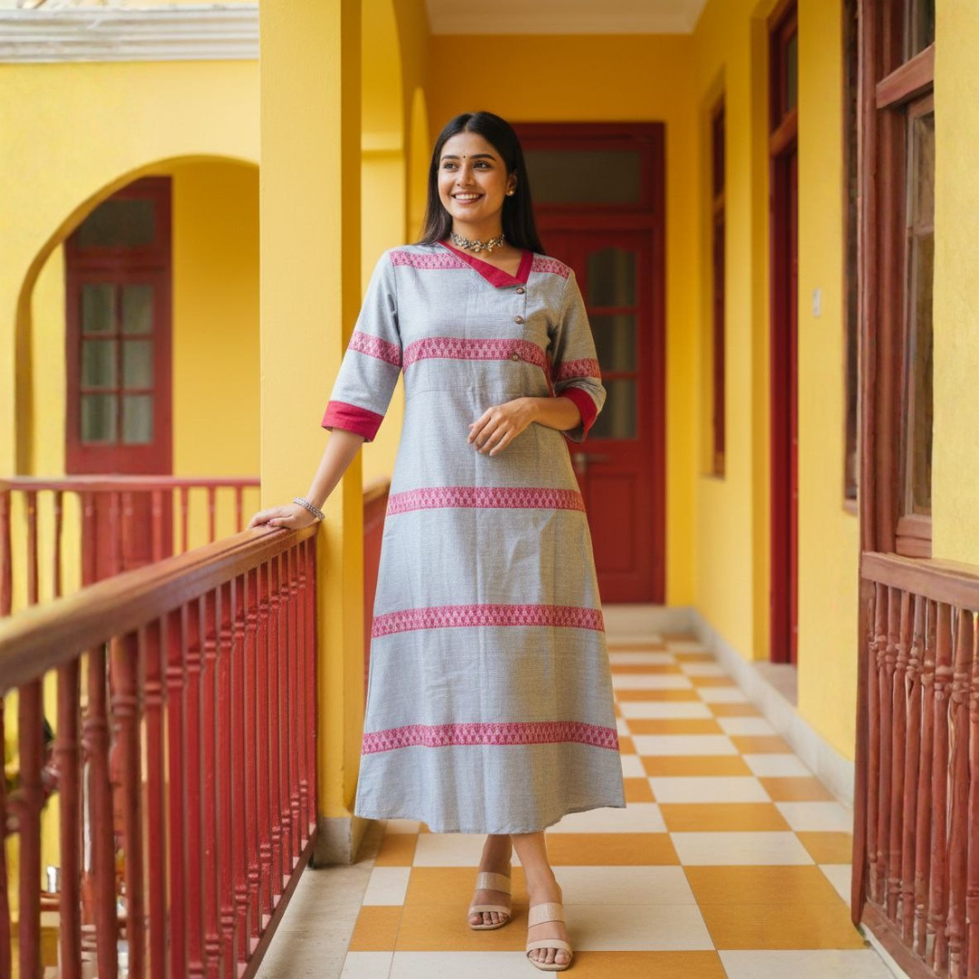 Dhonekhali Grey & Maroon Handwoven Cotton Dress