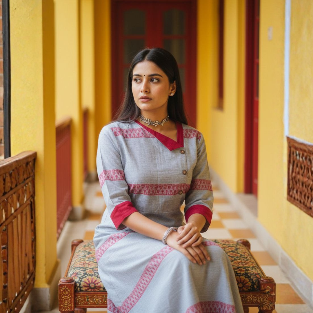 Dhonekhali Grey & Maroon Handwoven Cotton Dress - Image 3