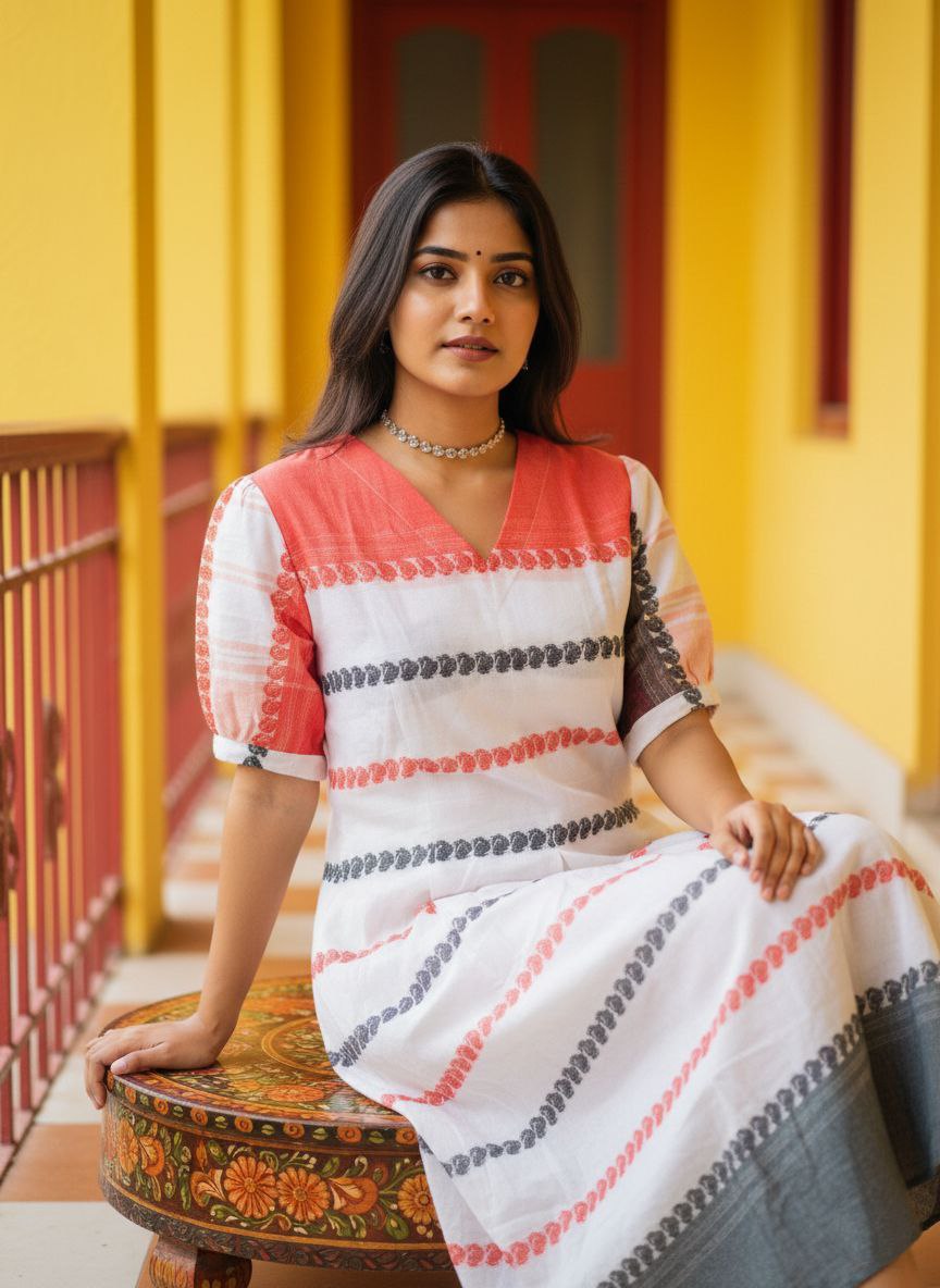 Dhonekhali Pure Handloom Heritage Cotton Dress - Image 2