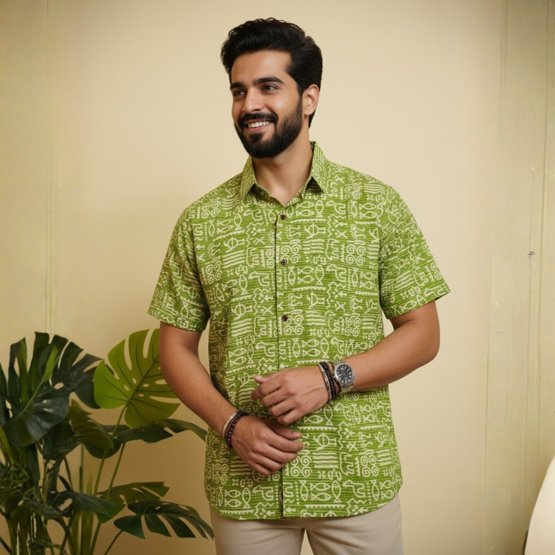 Handblock Fish Motif Men's Shirt - Image 4