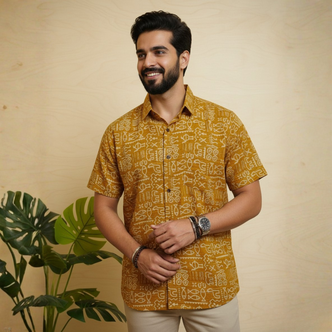 Handblock Fish Motif Men's Shirt - Image 3