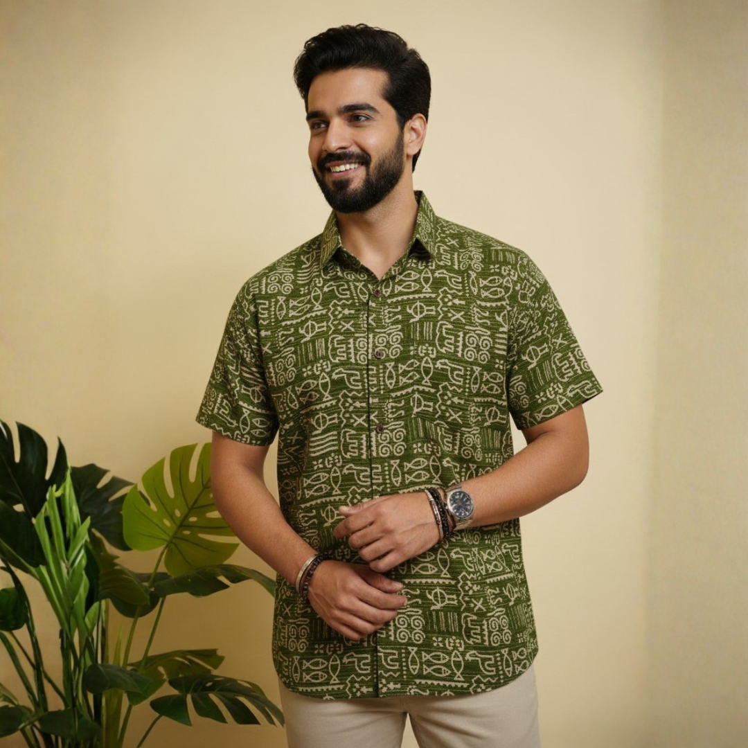Handblock Fish Motif Men's Shirt - Image 2