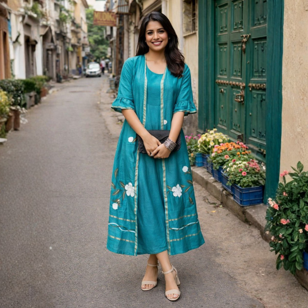 Chanderi Silk Handpainted Inner & Shrug Set