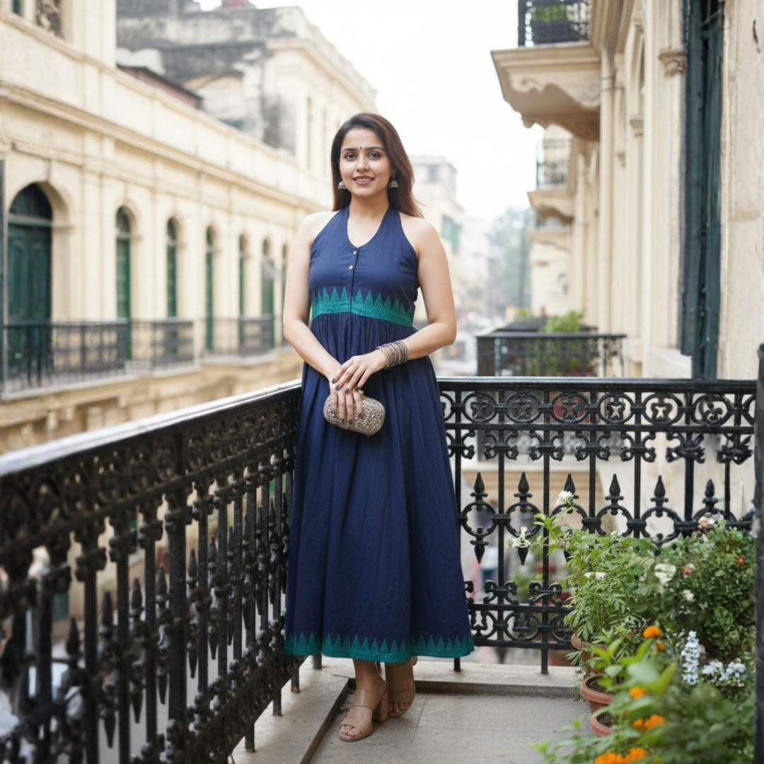 Blue Halter Neck Cotton Dress