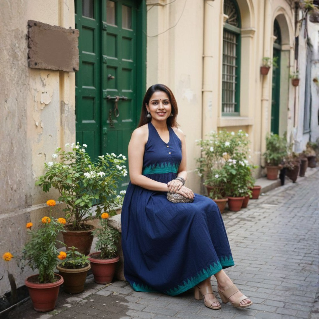Blue Halter Neck Cotton Dress - Image 2