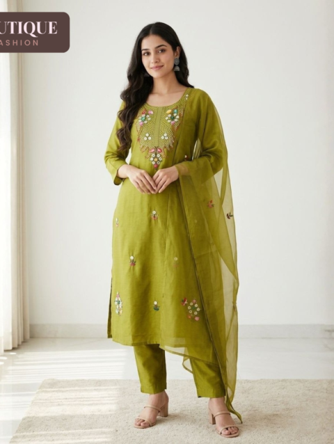Olive Green Mul Chanderi Boolean Work Three Piece Set